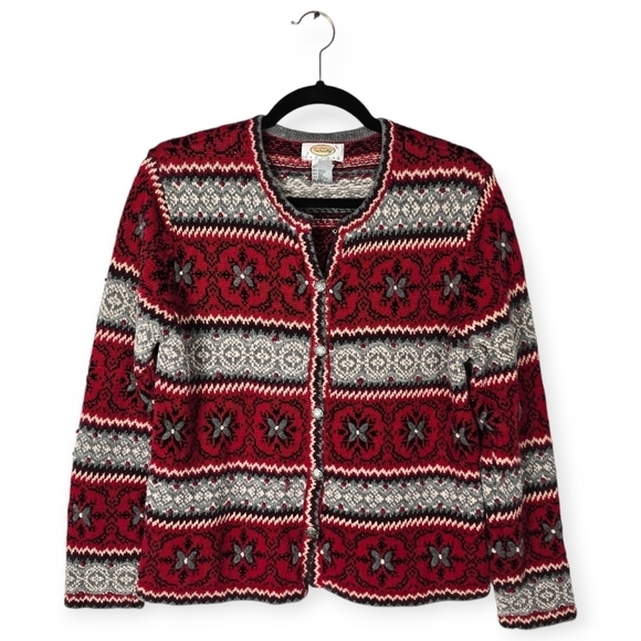 Vintage Talbots Red Gray Striped Fair Isle Embroidered Button Cardigan Sweater - Picture 1 of 6